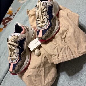 Gucci Beige Navy Pink GG Canvas Platform Sneakers